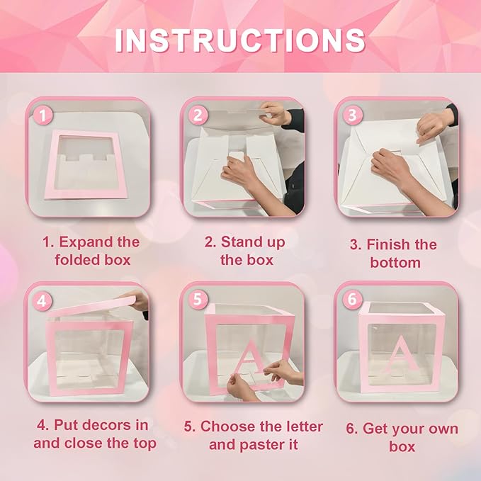 Ledido Transparent Balloon Boxes With 78 Letters Numbers, Pink Baby Boxes with Letters for Baby Shower Clear Letter Boxes for Party Wedding Birthday Baby Shower Grad Decorations 6 PCS