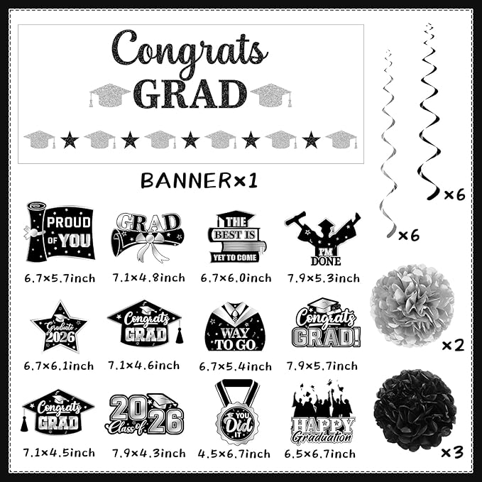 Graduation Decorations 2026, Glitter Congrats Grad Banner Hanging Swirls and Tissue Pom Poms, Black and Silver Graduation Decorations for Class of 2026 College Graduations Party Decorations