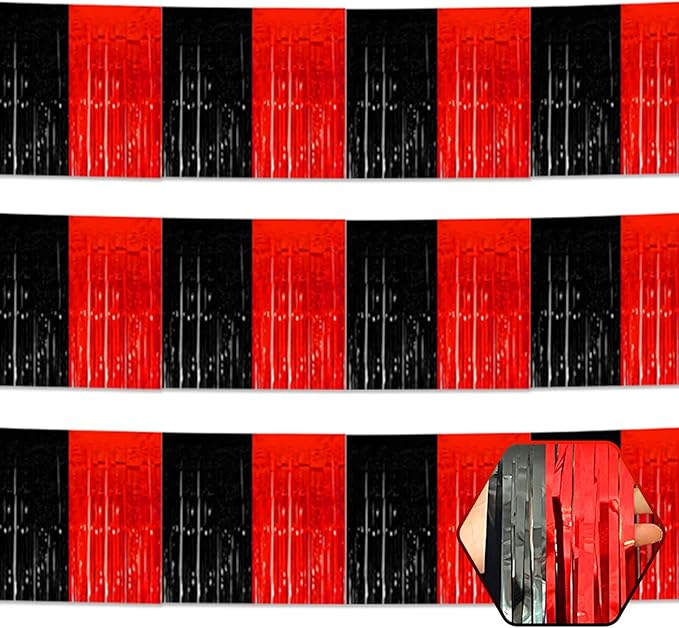 3 Pack 10 Long Black Red Metallic Foil Fringe Garland Wall Hanging Tassle Banner, Mother's Day, Easter, Parade Floats, Birthday, Theme Party, Wedding Party Decorations