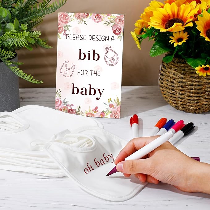Panitay 43 Pcs Baby Shower Games White Bibs Design, Include Wooden Baby Shower Game Sign, 30 DIY Blank White Bibs, 12 Markers for Gender Reveal Party Decorating Supplies(Flower)