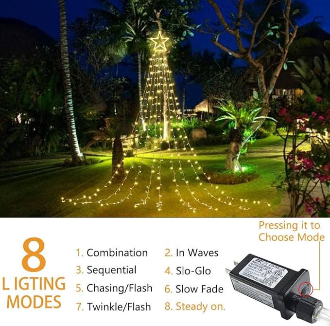 Waterfall Christmas String Lights with 317 LED Star Hanging Twinkle Fairy Curtain Lights for Party Wedding Patio Indoor Outdoor Decorative Water Flow Lights
