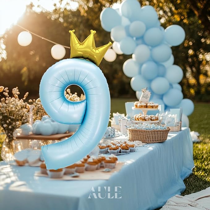 AULE 40 Inch Big Light Blue 9 Balloon Number with Crown Large Foil Helium Number Balloons 0-9 Jumbo Giant Happy 9th Birthday Party Decorations Huge Mylar Anniversary Party Supplies