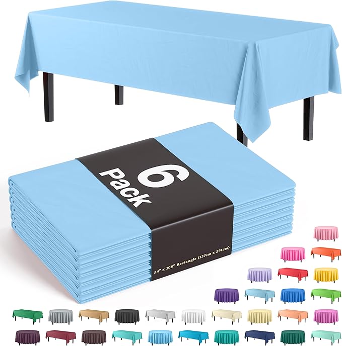 Exquisite Party Solids 6-Pack Premium Plastic Tablecloth 54in. x 108in. Rectangle Plastic Table Cover - Light Blue