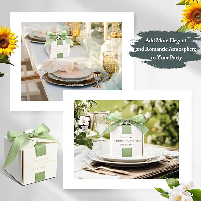 Marspark 50 Pcs Wedding Favor Boxes, 2.5 x 2.5 x 2.5 Inch Wedding Party Candy Boxes with Green Ribbons Bridal Gift for Guests Bridal Shower Birthday Party Anniversary Supplies