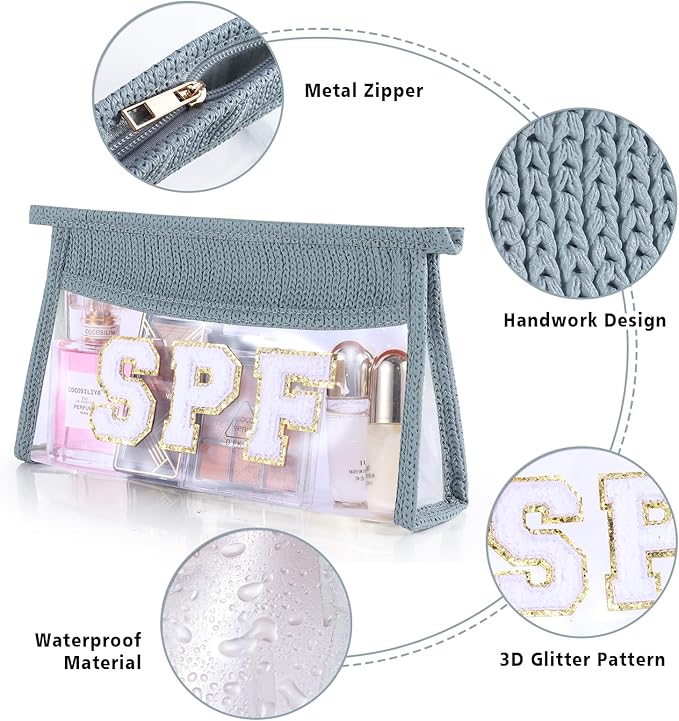 SPF Sunscreen Bag Clear Makeup Bag Chenille Letter SPF Cosmetic Zipper Pouch Summer Beach Essential Cute Toiletry Pouch Travel Accessories Gifts for Women