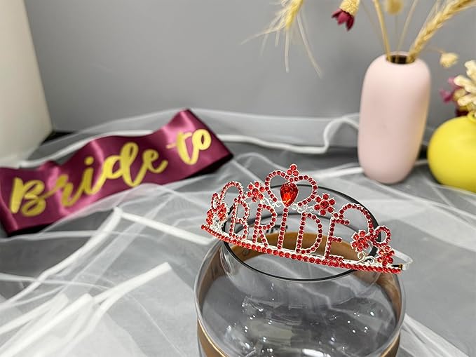 JETKONG 3 Pcs Bachelorette Party Decorations BRIDE Crown, Bride to Be Sash&Veil for Women Bachelorette Party Gifts, Bridal Shower Supplies, Gifts, Favors (Red)
