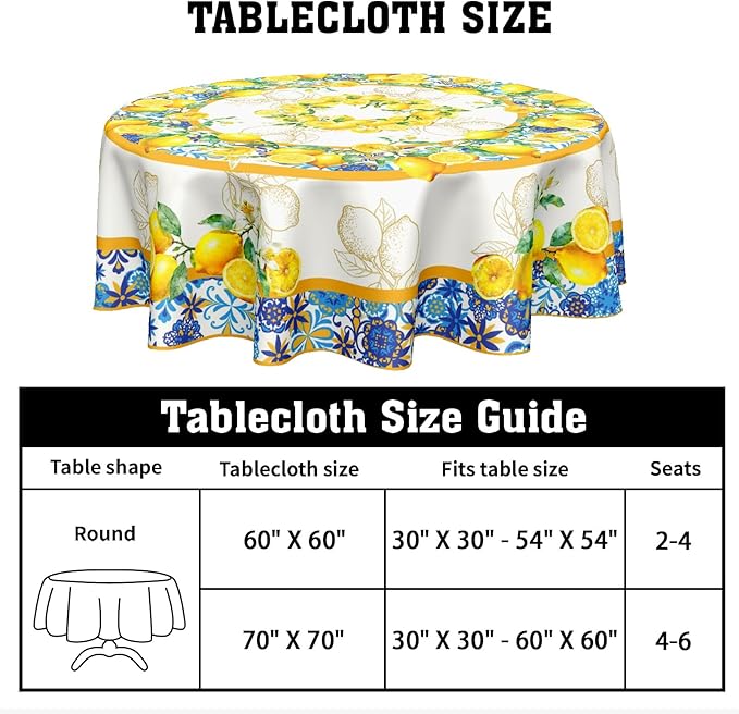 Lemon Round Tablecloth 60 Inch Yellow and Blue Circle Table Cloth Summer Holiday Table Cover Washable Polyester Decorations for Season Home Kitchen Dinning Party