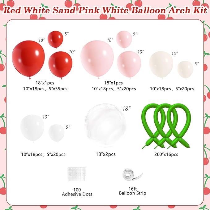 JOGAMS Cherry Balloon Arch Kit,193Pcs Cherry Party Decorations with Clear Red Pink White Sand Balloons for Cherry On Top Baby Shower Birthday Bridal Shower Wedding Valentine's Galentine's Day