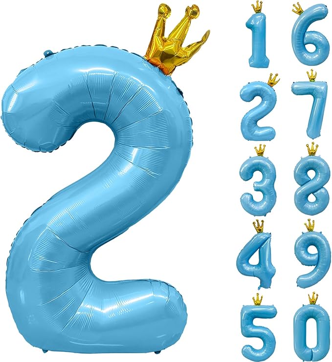 Blue Number 2 Balloon with Crown, 40 inch Blue Number Balloon 2nd Birthday Party Decoration BlueCrown Balloons 0-9 for Birthday Party Anniversary Decorations Supplies