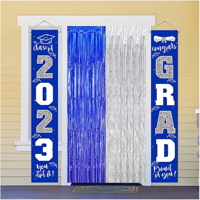 Graduation Backdrop Curtain 2026, Blue Silver Party Decorations Metallic Tinsel Foil Fringe Curtains Photo Booth Streamer Background for Birthday Wedding Party Christmas Decor(3 Pack)