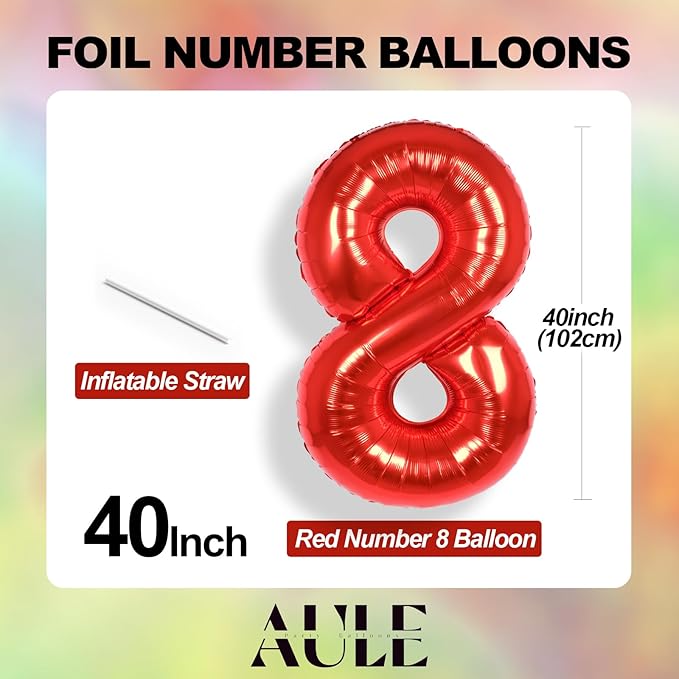 AULE 40 Inch Big Red 8 Balloon Number Large Foil Helium Number Balloons 0-9 Jumbo Giant Happy 8th Birthday Party Decorations for Boy or Girl Huge Mylar Anniversary Party Supplies