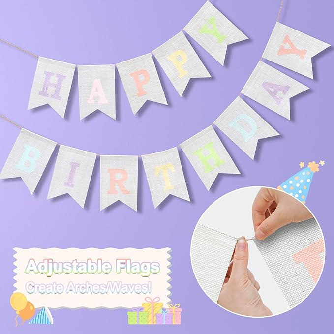 Happy Birthday Banner - Pre‑Strung Burlap Birthday Decorations and Reusable Birthday Sign for Men, Women & Kids | Party Supplies Backdrop (Macaron)