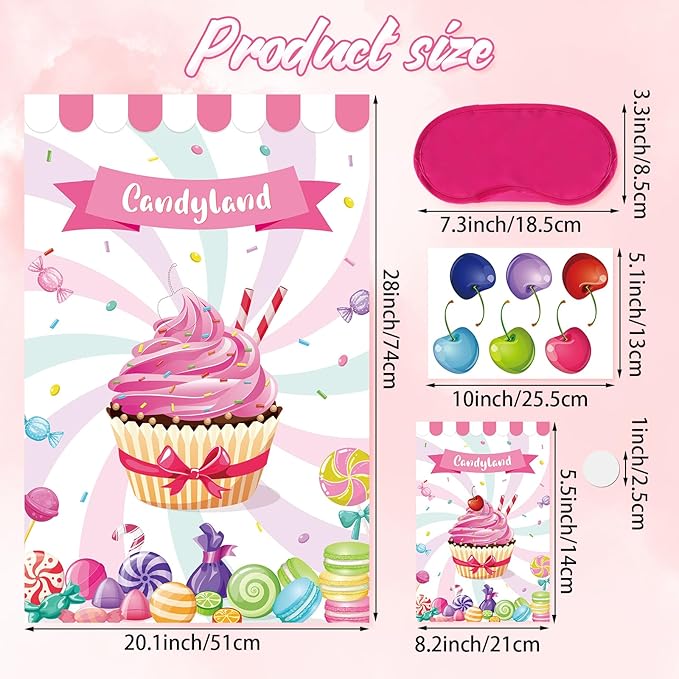 Pin The Cherry on The Cupcake Game for Kids Birthday Pin Game Girls Birthday Party Games Candy Land Party Decorations, Large Candyland Game Poster with 36 Cherry Stickers Candyland Party Favors