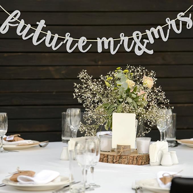 Future Mr & Mrs Banner, Engagement Decorations for Bridal Shower, Bride and Groom Party Pre-Strung (Silver Glitter)