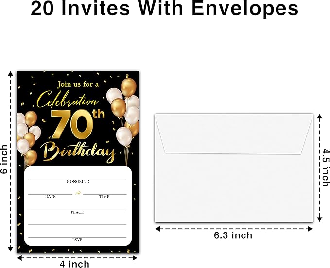 70th Birthday Invitation Cards with Envelopes - Classic Gold Theme Fill in The Blank Birthday Party Invite Cards, for Man, Woman Entertain Banquet Party Supplies, 20 Invites With Envelopes - B18