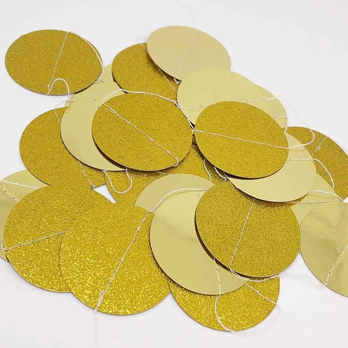 We Moment 50ft Glitter Gold Circle Dots Garlands - Paper Circle Dot Garland Party Backdrop - Hanging Decor for Wedding, Birthday, Baby Shower