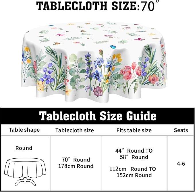Spring Summer Floral Round Tablecloth 70 Inch Wildflower Butterfly Table Cloth Washable Farmhouse Table Covers Holiday Table Cover for Kitchen Party Dinner Decor