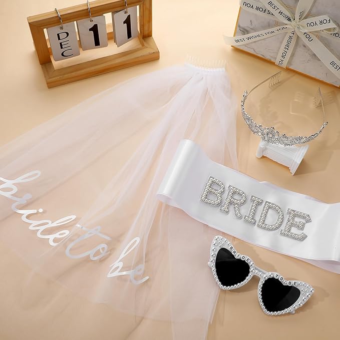 JATEBI 4Pcs Gifts for Bride To Be - Bride Sunglasses Sash&Veil Crown, Bridal Shower Gifts Bachelorette Party Decorations