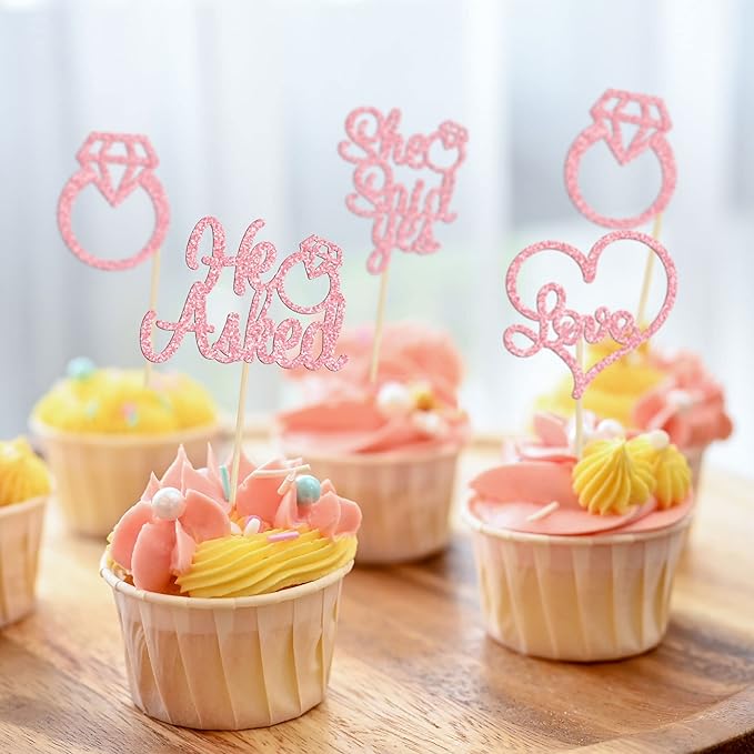 Gyufise Pink 24Pcs He Asked She Said Yes Cupcake Toppers Diamond Ring Heart Cake Picks for Wedding Engagement Party Cake Decorations