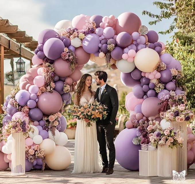 Purple Pink Balloon Arch Kit, Double Stuffed Pastel Pink Lavender White Beige Balloon Garland Dusty Light Lilac Cream Balloons for Birthday Baby Shower Wedding Butterfly Flower Party Decor