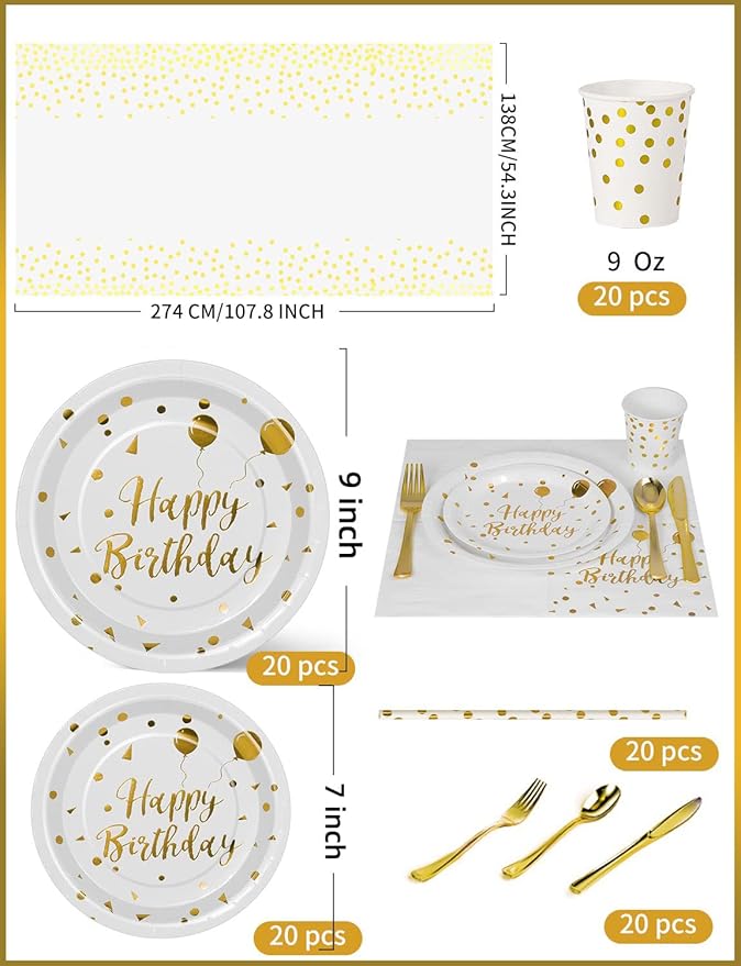 Birthday Party Tableware, 161 Pieces White Gold Party Supplies, Party Dinnerware Sets Include Paper Plates Napkins Cups Silverware, for Shower Engagement Parties Decoration -20 Serves