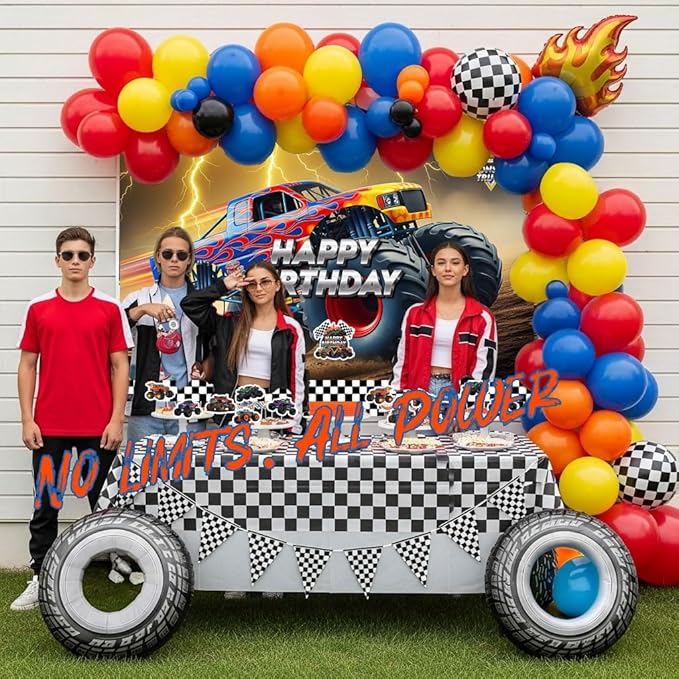 Monster Truck Birthday Decorations include Red Blue Yellow Balloons Ribbon Arch Cake Paper Card Toppers Tablecloth Backdrop Truck Birthday Decor for Boys Racing Party Decoration Supplies