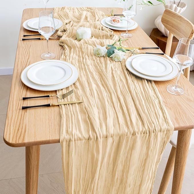 Wokceer Cheesecloth Table Runner Sand 10FT Boho Gauze Christmas Cheese Cloth Table Runner for Party Easter Rustic Sheer Table Runners for Baby Bridal Shower Wedding Table Decor