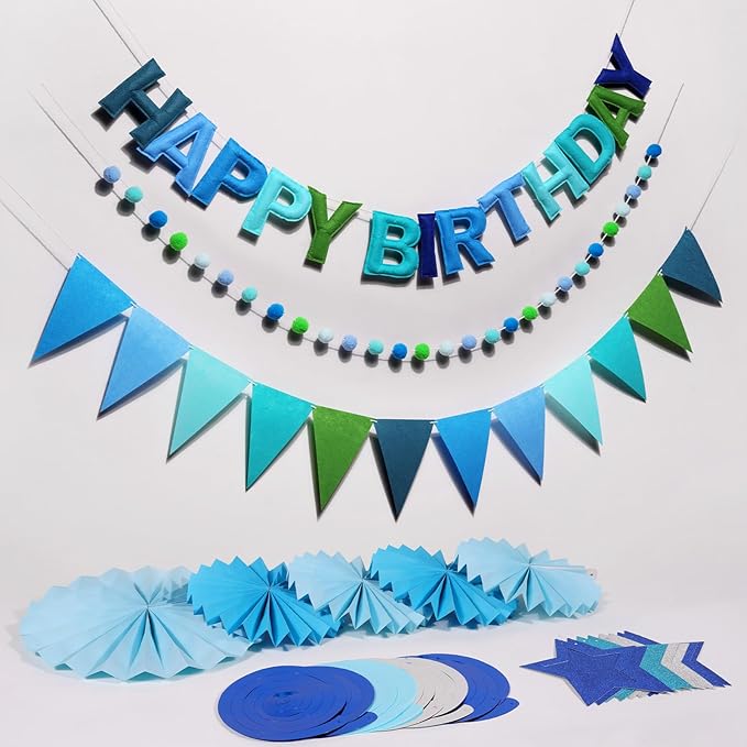 Pre-Strung Happy Birthday Banner, Reusable Felt Birthday Party Decorations, 3D Effect Happy Birthday Sign with Felt Ball Garland, Pennant Flag, Hanging Paper Fans for Men Women Boy Girls (Blue)