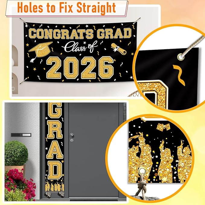 WOHOHOHO 23Pcs Graduation Decorations 2026 Set, Black Gold Porch Door Sign GRAD Banner, Class of 2026 Backdrop, 5 Colors Large Balloons, Party Supplies for High School College Indoor Outdoor Decor