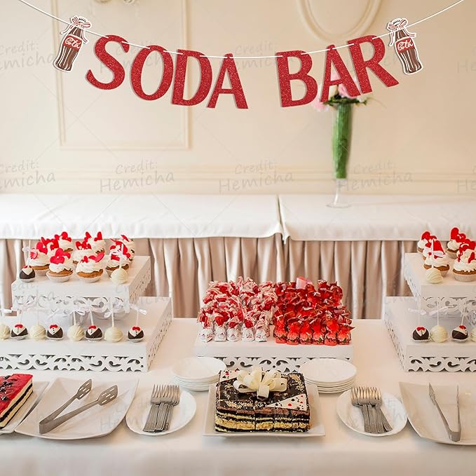 Soda Bar Banner - She's Ready to Pop Baby Shower Decor, Soda Pop Theme Birthday Bridal Shower Party Decorations Red Glitter