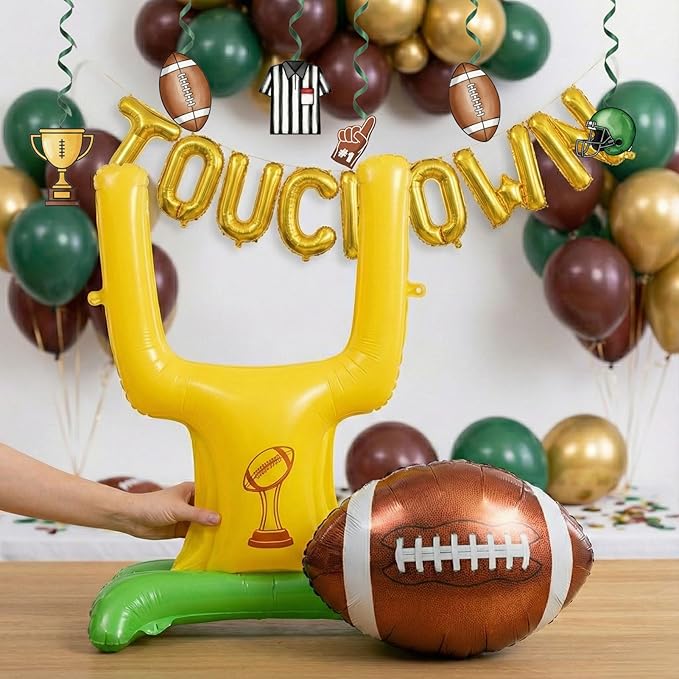 Football Party Decorations Kit & Green Brown Gold Balloons & Goal Post Touchdown Foil Balloons & Banner Backdrop for Boys & Men Sports Theme Major Tailgating Season Celebration Supplies Decorations