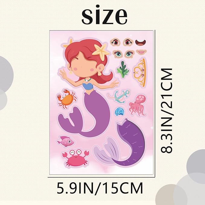 24 Sheets Mermaid Make a Face Sticker Sheets for Kids Todders Activities, Make Your Own Stickers for Kids Birthday Party Favor Supplies Craft