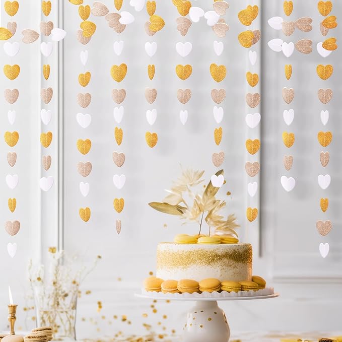 GCQQ White Champagne Gold Heart Garlands - 52Ft Glitter Gold Valentines Day Decorations Garland 4 Packs Paper Heart Hanging Streamers for Bridal Shower Valentine's Day Anniversary Wedding Decor