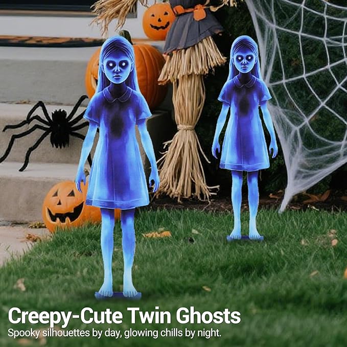 Scary Girl Ghost Courtyard Decoration for Halloween Outdoor, 2PCS Spooky Halloween Ghost Twins Yard Signs with Stakes, 16" Waterproof Iron Creepy Twins Lawn Signs Ground Stakes for Home Outside Decor