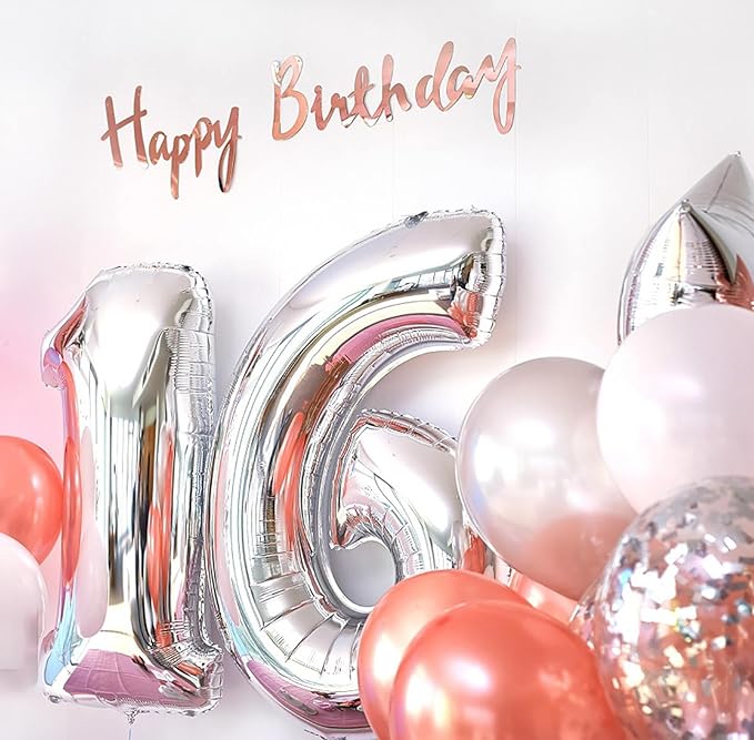 Large Silver 16 Number Balloons, 40 Inch Jumbo Number 16 Balloon, Silver Foil Mylar Balloons for Girl Sweet 16th/61th Birthday Party, Anniversary Decorations