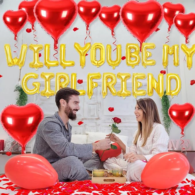 2 set 16 inch Will You be My Girlfriend Balloons and Heart Balloons with 1000 Pieces Rose Petals, Gold Letter Balloon for Her Valentines Day Decorations Wedding Anniversary Engagement