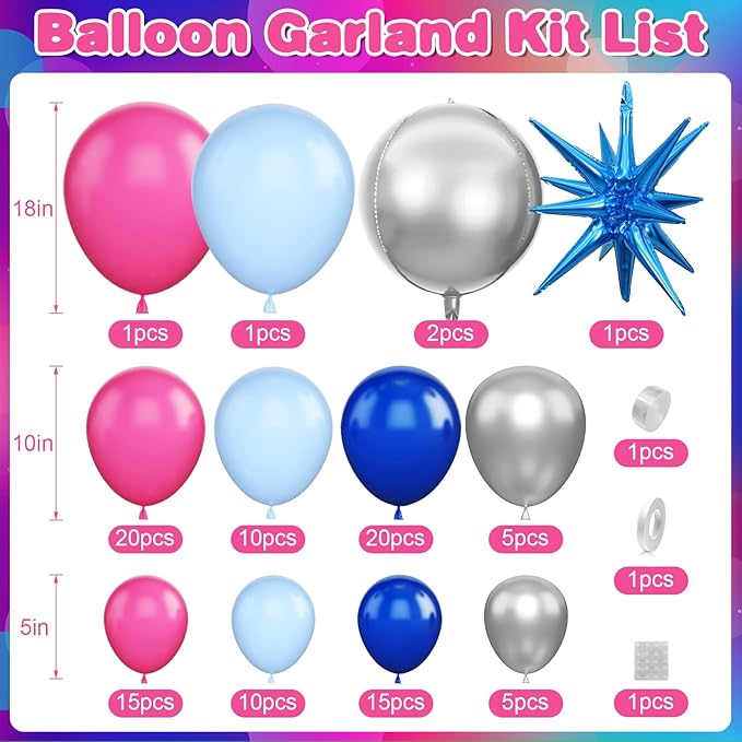 Royal Blue Hot Pink Balloon Arch Garland Kit with Blue Star Foil Balloons Silver 4D Round Balloons for Hawaii Theme Baby Shower Birthday Party Decorations