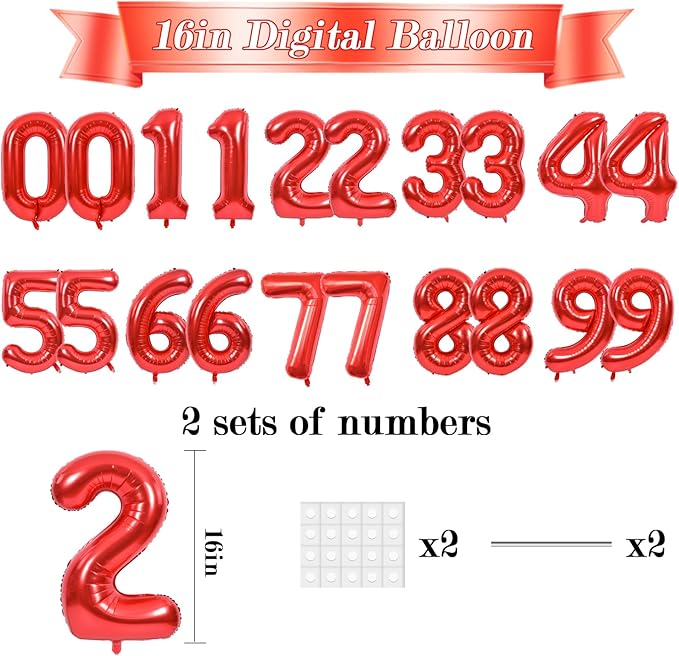 TONIFUL Number Balloons 16 Inch Red 2 Set 0-9 Number Mylar Foil Balloons 20 Pcs Custom digitalal for 2026 New Year Eve Birthday Party Engagement Graduations Anniversary Baby Shower Decor