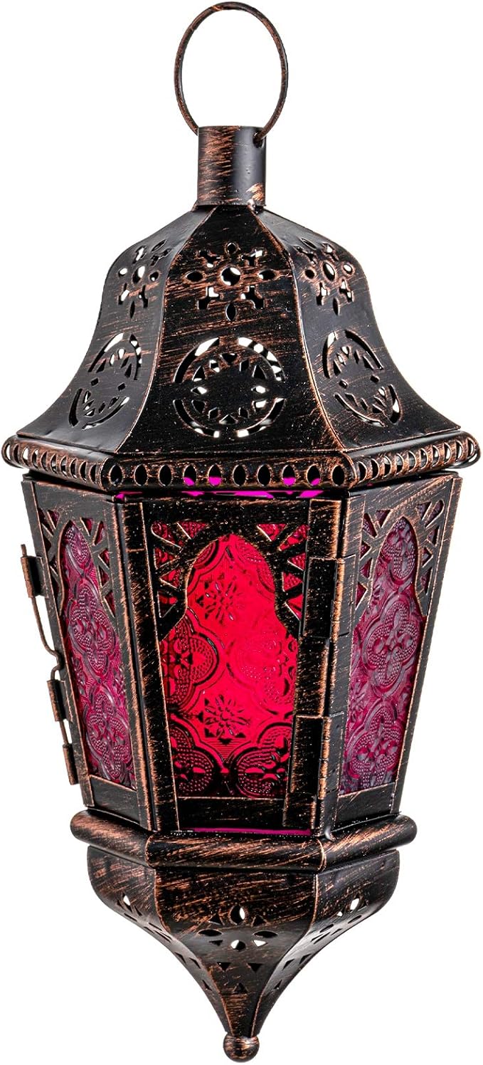 DECORKEY Moroccan Decorations, Lantern Decorative Indoor & Outdoor, 13.6’’ Vintage Decorative Hanging Lantern with Chian for Home Porch Patio Decor, Metal Ramadan Christmas Candle Holders(Plum Red)