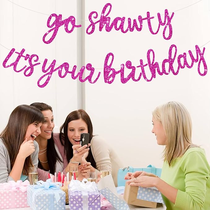 BEISHIDA Go Shawty It's Your Birthday Banner NO DIY Hip Hop Theme Happy Birthday Banner Pre-Strung Rap Theme Happy Birthday Sign for Man Women birthday Party Supply Glitter Rose Red