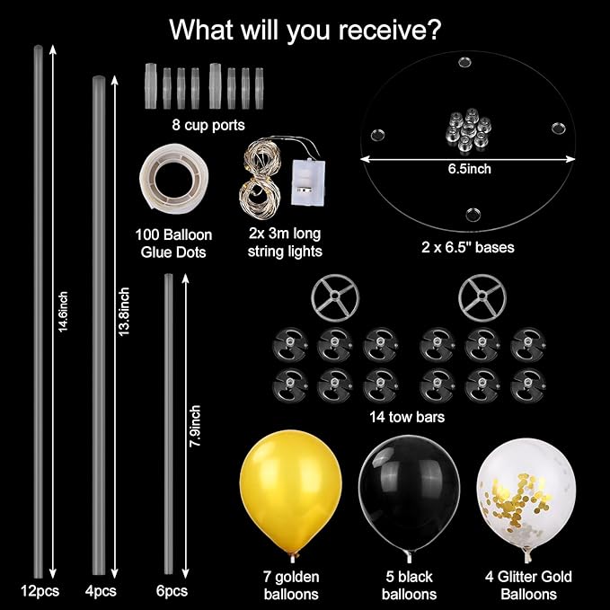 Ainiv 2 Set Table Balloon Stand Kit with Lights, Light Up Balloon Holder Include 16 Black Gold Latex Confetti Balloons, Christmas Party Decorations for Birthday, Weddings, Anniversary and Graduation