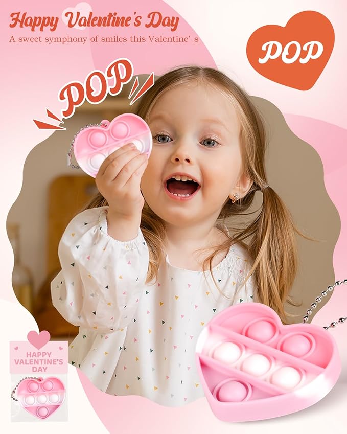 32 Pack Prefilled Valentines Day Pop Fidget & Cards Set for Kids Classroom - Mini Heart-Shaped Toys, for School Class Exchange & Party Favors