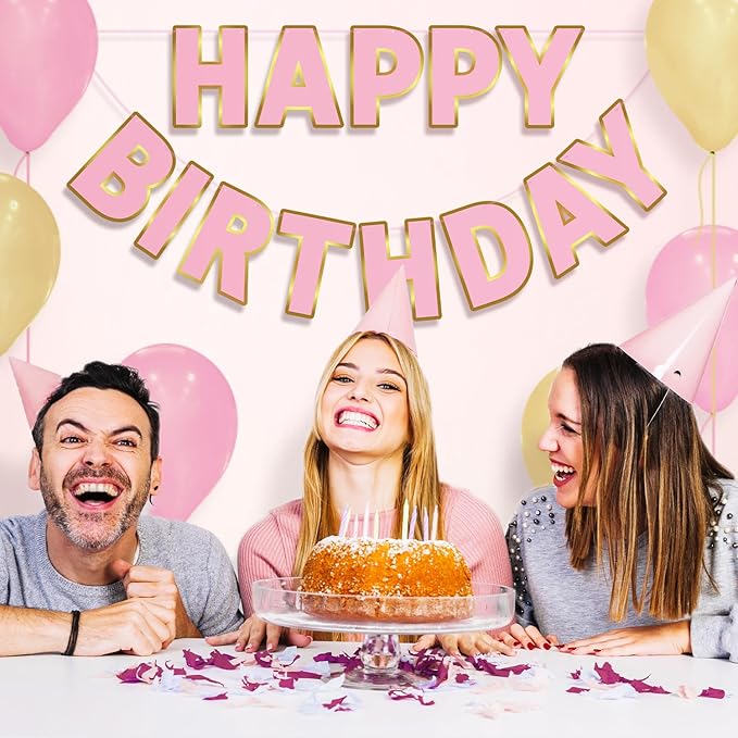 Happy Birthday Banner - 9ft Pre-Strung Happy Birthday Sign for Women, Men, Girls, Boys - No DIY Birthday Decorations & Party Supplies(Pink Gold)