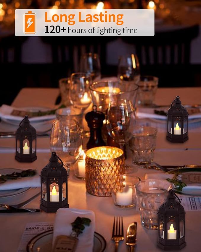 SHYMERY Mini Lantern with Flickering LED Candles,Vintage Black Decorative Hanging Candle Lanterns for Halloween,Wedding Decorations,Christmas,Table Centerpiece,Battery Included（Set of 6）