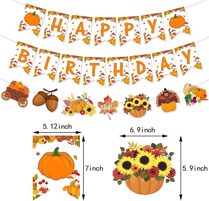 Fall Thanksgiving Happy-Birthday Party-Decorations Banner - 2pcs Orange Garland,Autumn Pumpkin Turkey Flowers Maple Leaves Hanging Swirls Streamers Decor Panduola