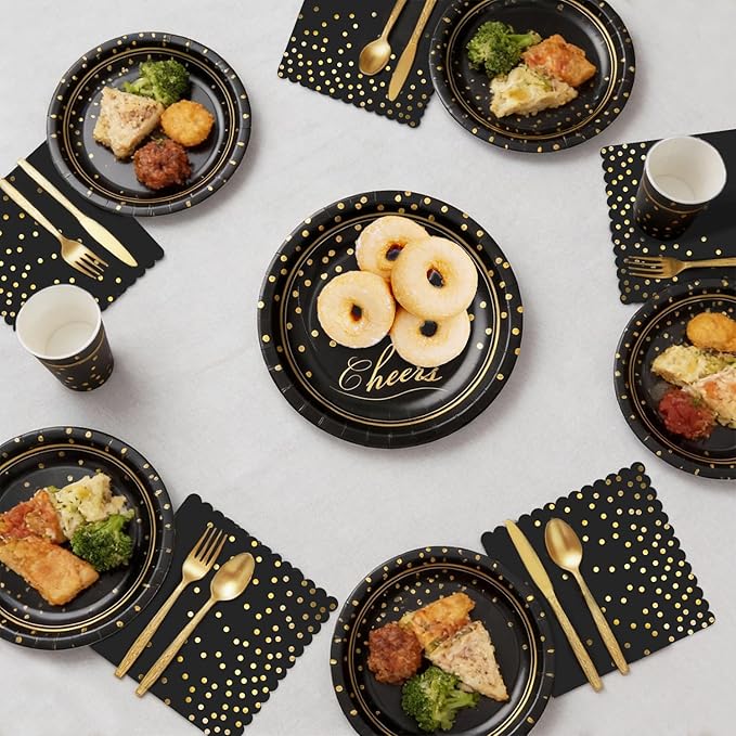 Black Gold Paper Plates and Napkins Party Supplies for 24 Guests, 168 Pcs Disposable Paper Plates with Utensils Set for Black and Gold Graduation Birthday Anniversary Retirement Party Decorations