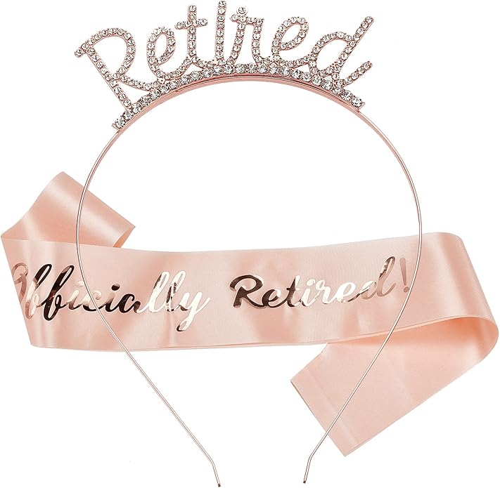 NNICENEEDED Retirement Crown and Sash Set, Rose Gold Sparkling Tiara with Pink Satin Belt for Retired Women, Perfect Party Decorations and Gifts