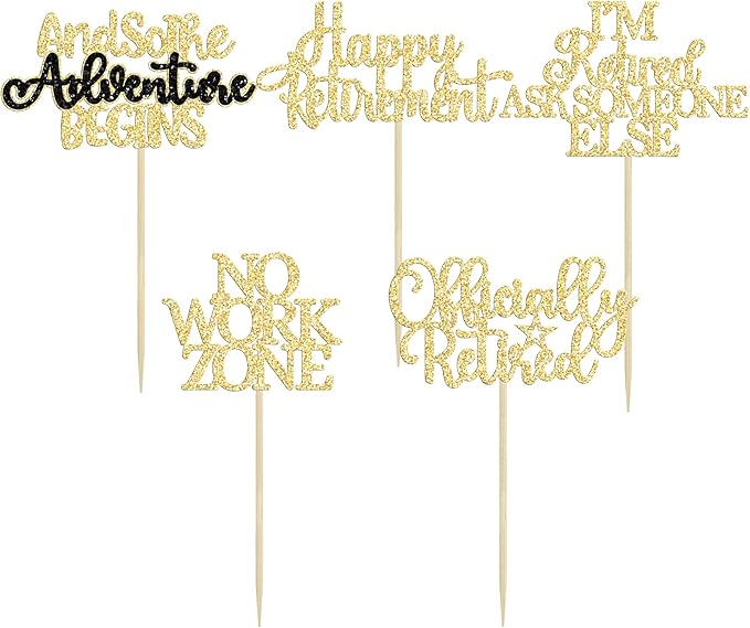 Gyufise 30Pcs Happy Retirement Cupcake Toppers Officially Retired Cupcake Picks No Work Zone Adventure Begins Cake Decorations for Retirement Theme Farewell Birthday Party Supplies Gold