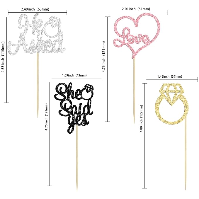 Gyufise 24 Pack Multicolor Glitter He Asked She Said Yes Cupcake Toppers Diamond Ring Heart Cake Picks for Wedding Engagement Party Table Decorations