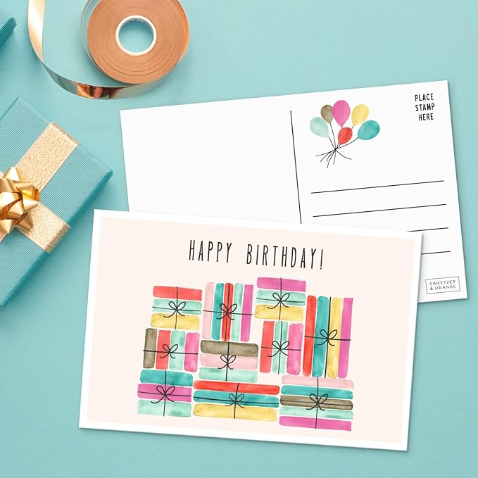 Sweetzer & Orange Happy Birthday Postcards Pack (60 Post Cards) 4x6”decor pages for Kids and Adults. 300gsm Note Sheets. party flyers Assortment Greeting flyers, Blank Birthday decor sheets